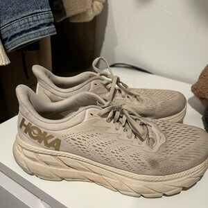 Hoka size 9 used, beige neutral pink with gold letters